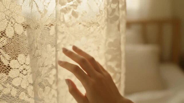 Gentle hand touching delicate lace curtain with soft natural light filtering through the fabric