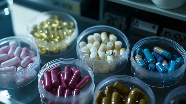 Assorted capsules and pills in medicine containers, Various capsules and pills in transparent containers, showcasing different shapes and colors