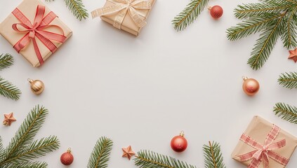 Minimal Christmas Flat Lay with Gifts and Fir Branches
