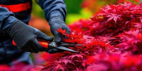 Naklejka premium Gardener pruning japanese maple tree leaves in autumn
