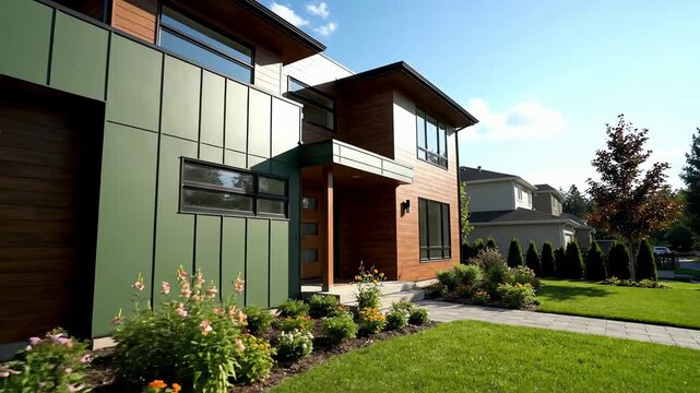 Modern House Exterior Facade with Wood and Green Cladding and Lush Garden