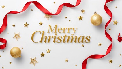 Merry Christmas Greeting with Gold Ornaments and Red Ribbon