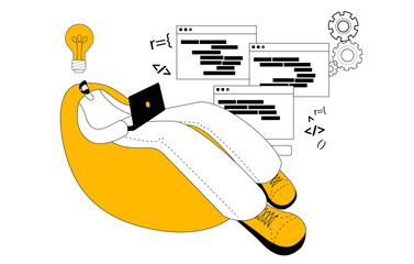 A man in casual clothes sits in a beanbag chair, pondering an idea in the form of a light bulb. He writes lines of code. Vector illustration on the theme of solving programming problems.