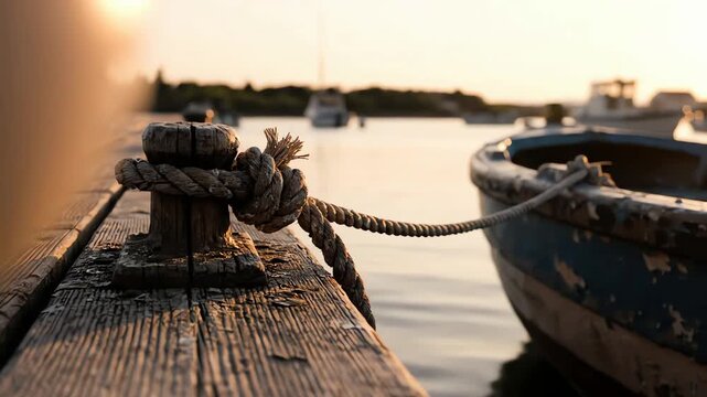 Close up of a weathered wooden pier with a boat tied to a bollard at sunset