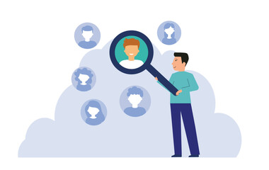 Human Resources find people to fill in job vacancy concept, searching for candidate, businessman look through magnifying glass to find candidate people