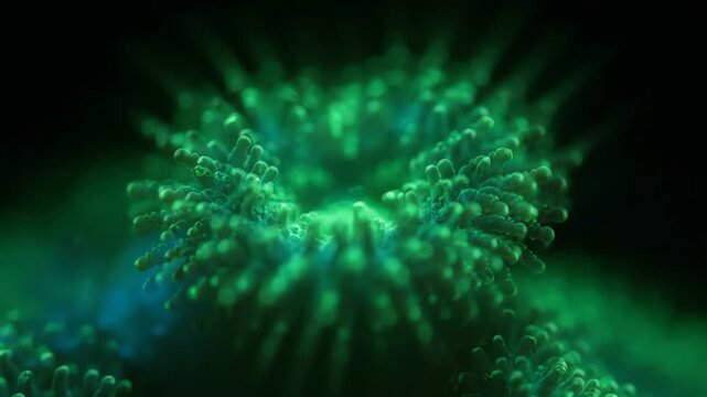 Vibrant green coral polyps glowing with ethereal blue light in dark ocean depths