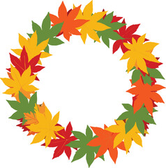 Obraz premium Autumn Maple Leaf Wreath Border Design Featuring Vibrant Red Orange Yellow and Green Foliage In A Circular Frame Illustration Background