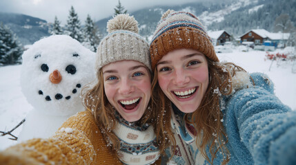Young women having fun with selfie during winter holiday, two happy girls and snow in mountain landscape