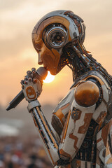 Futuristic female robot singing at sunset with microphone and advanced technology amidst a gathering in a scenic outdoor setting
