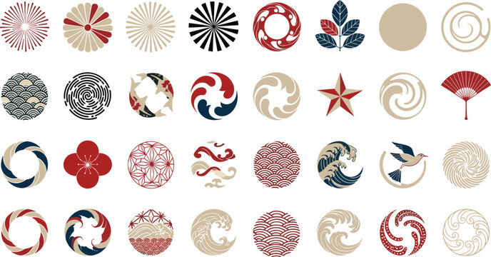 Collection of circular Japanese symbols featuring wave patterns koi fish cherry blossoms fans and abstract geometric motifs in oriental colors