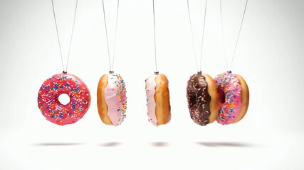 A surreal Newton's Cradle made of colorful swinging donuts in a creative food concept animation.
