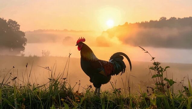Gallo al amanecer en paisaje rural con niebla y luz dorada, escena natural casi est&aacute;tica con sutil movimiento realista