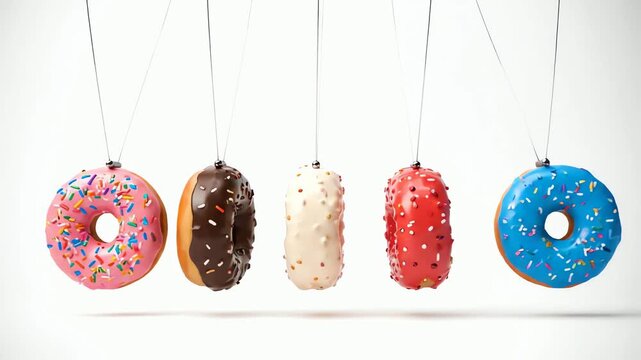 A whimsical Newton's cradle made of colorful swinging donuts in a satisfying conceptual loop animation.