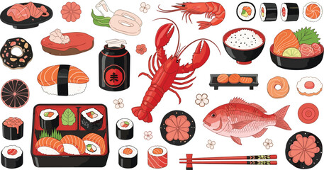 Japanese seafood collection with lobster red snapper sushi rolls bento box sashimi and traditional fish dishes isolated on white background vector.
