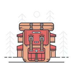 Obraz premium Colorful illustration of a red and brown hiking backpack with luggage on top against a white background with trees.