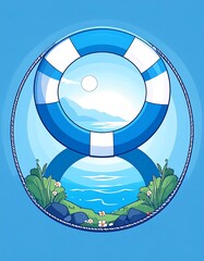 Blue life preserver with scenic view