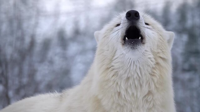 Howling white polar wolf slow motion