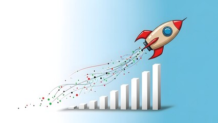 Rocket ship launching into sky above growing bar graph