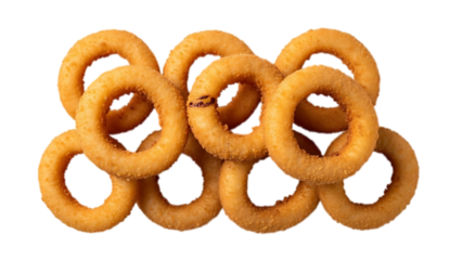 Delicious golden-brown fried onion rings stacked against a black background