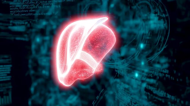 Digital liver anatomy visualization with glowing organ structure and medical data interface highlighting advanced healthcare diagnostics and biological research