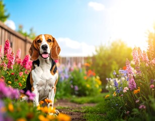 Beagle in a flower garden