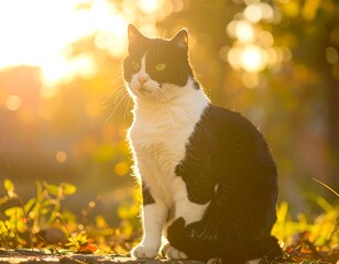 Black and white cat in autumn sun