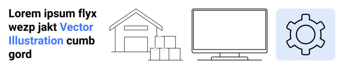 Warehouse with stacked boxes, computer monitor, and gear element emphasizing logistics, storage, technology, automation, process optimization, supply chain management, and simple landing page