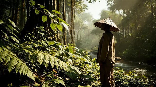 Mysterious figure in a traditional Asian hat standing by a sunlit jungle river