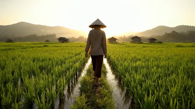 An Asian farmer wearing a traditional conical hat walks through a flooded green rice field at sunrise.