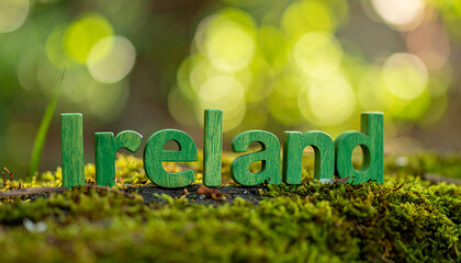 Green wooden word IRELAND, name of European country, mossy stone surface. Natural background