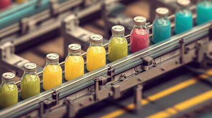 Several bottles filled with various juice colors are moving on a production line in a factory. Workers oversee the bottling process during daylight hours.