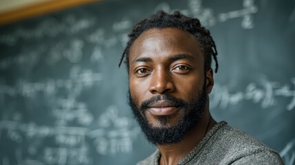 A man stands in front of a blackboard filled with math equations and diagrams. He smiles at the camera while engaging in his teaching duties at school.