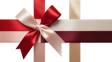 Elegant satin red and cream ribbons tied in a beautiful bow creating a festive gift wrap design elem transparent background