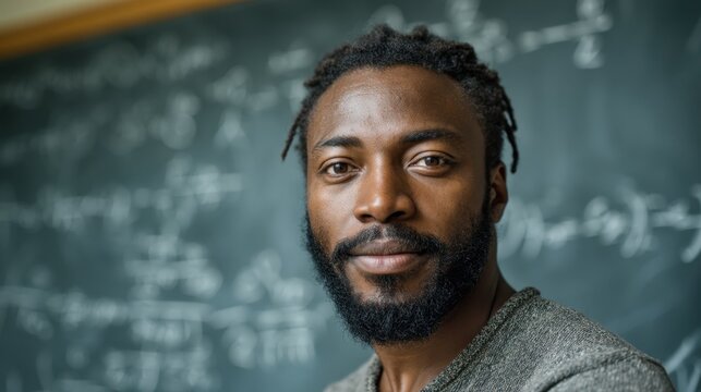 A man stands in front of a blackboard filled with math equations and diagrams. He smiles at the camera while engaging in his teaching duties at school. - Powered by Adobe