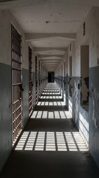 Long prison corridor with cells and bars casting shadows.