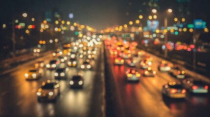 Cars move steadily on a busy city road at night creating streams of light against the dark background. City lights shine brightly in the distance.