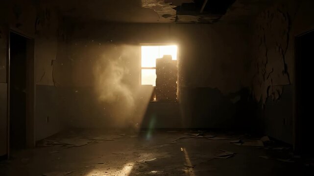 Mysterious Light Ray Illuminating Dust in a Dark Derelict Post Apocalyptic Hallway