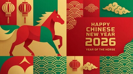 Happy Chinese New Year 2026 in the Year of the Horse with colorful decorations and symbols