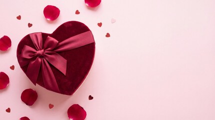 Heart shaped gift box with a ribbon on a pink background decorated with rose petals and small heart shapes
