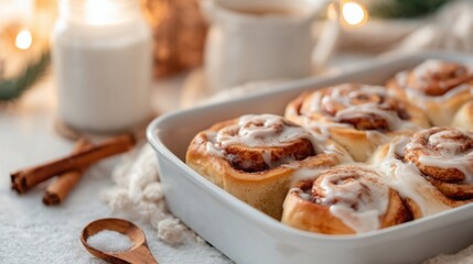 Cinematic Cinnamon Buns with Cream Cheese Frosting in White Ceramic Dish on White Table