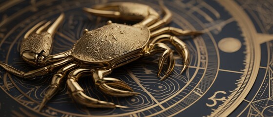 Zodiac Sign Cancer with Golden Crab on Horoscope Wheel Background