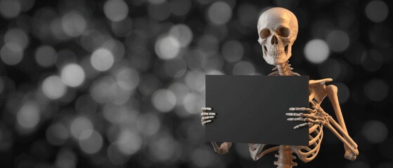 black background for Halloween skeleton with inscription, empty place for text copy space