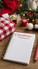 Christmas Planner Blank Checklist for Gifts on Wooden Table with Festive Decorations
