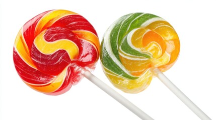 Two colorful lollipops sit side by side on a white background. One lollipop has red yellow and orange swirls while the other has green yellow and orange swirls. Perfect for sweets lovers.