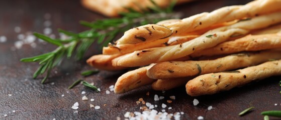 Close-Up of Fresh Grissini Breadsticks with Cheese, Rosemary, and Sea Salt on Rustic Table