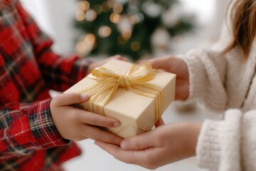 process of parents giving a Christmas gift to a child, close-up