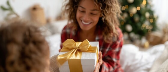 Family Celebrating Christmas with Gift Giving Between Parents and Child