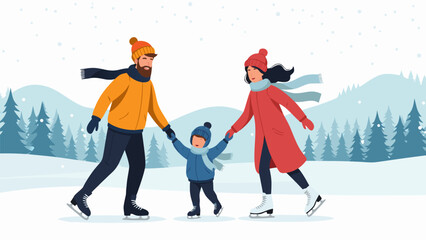 Fototapeta premium Joyful family enjoys ice skating together on a frozen pond in a snowy winter landscape
