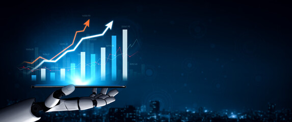 A robotic hand presents a smartphone featuring vibrant financial graphs and charts, symbolizing innovation and data-driven success in a modern economy. Scalp
