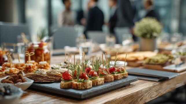 A table holds various appetizers and snacks for a corporate event in a modern office. People socialize in the background while enjoying the spread of food prepared for the gathering.